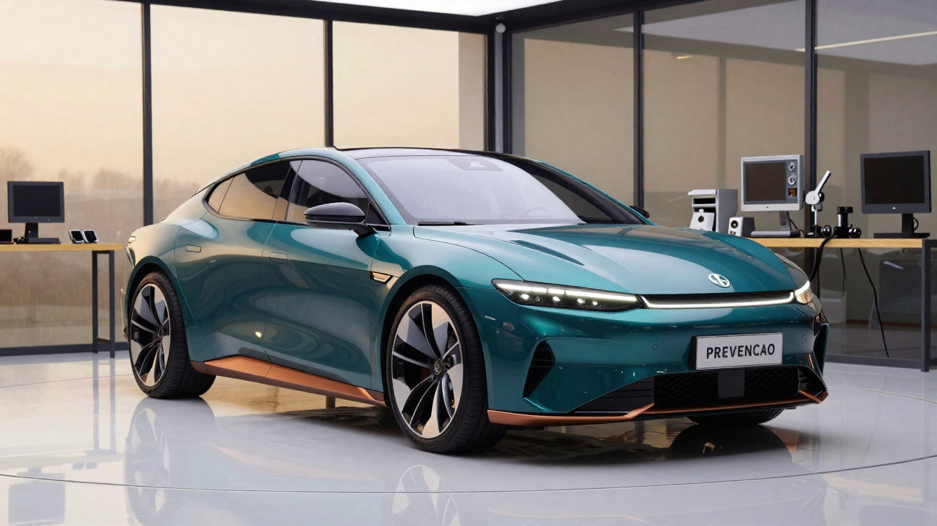 Carro elétrico esportivo verde com detalhes em cobre em ambiente moderno com paredes de vidro.