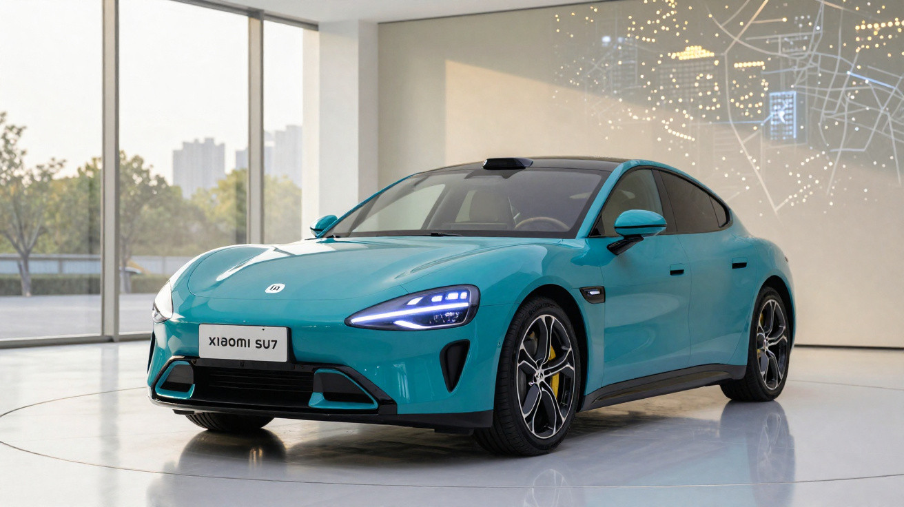 Carro elétrico azul Xiaomi SU7 em exposição em ambiente interno moderno e iluminado.
