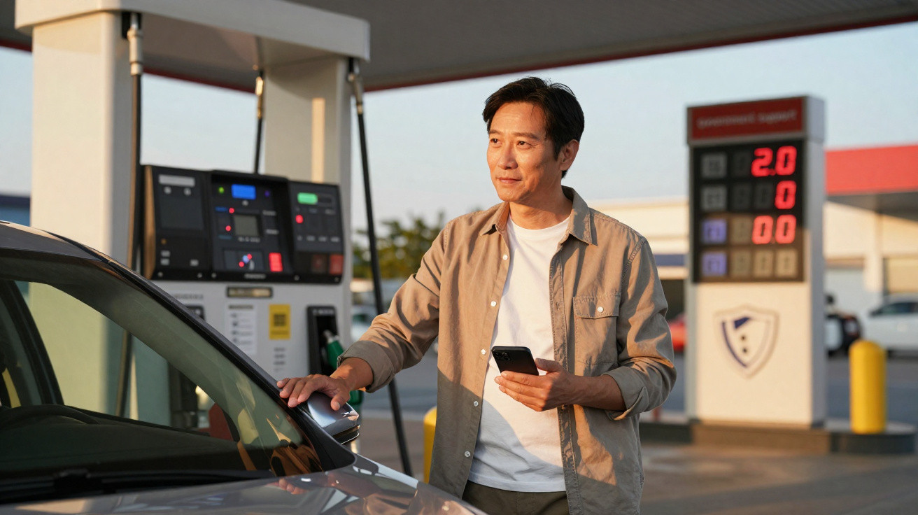 Homem usando celular enquanto abastece carro em posto de gasolina ao pôr do sol.