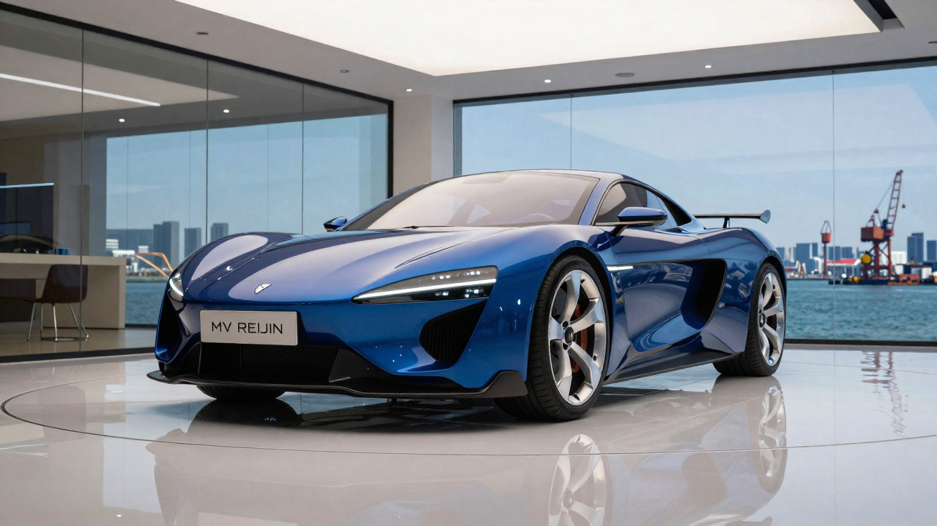 Carro esportivo azul elétrico exibido em showroom moderno com grandes janelas e vista para o mar.