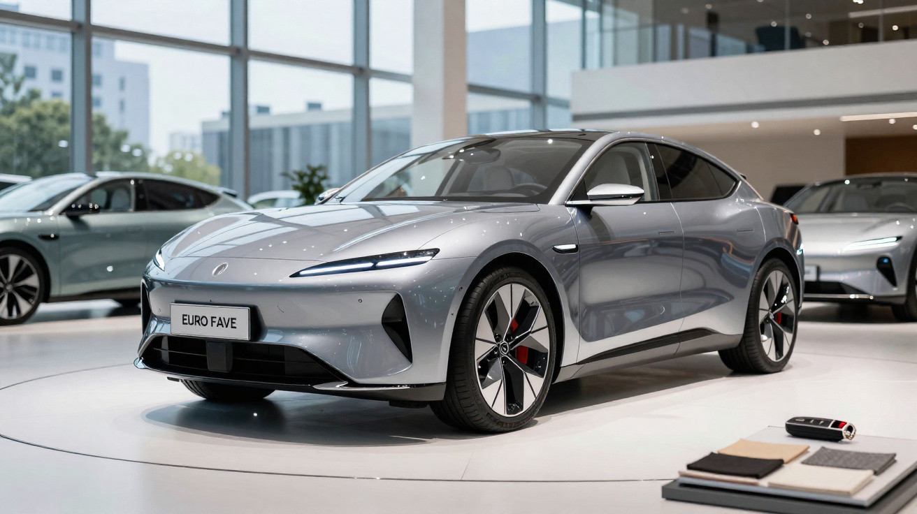 Carro elétrico prata exibido em showroom moderno com design aerodinâmico e rodas esportivas.