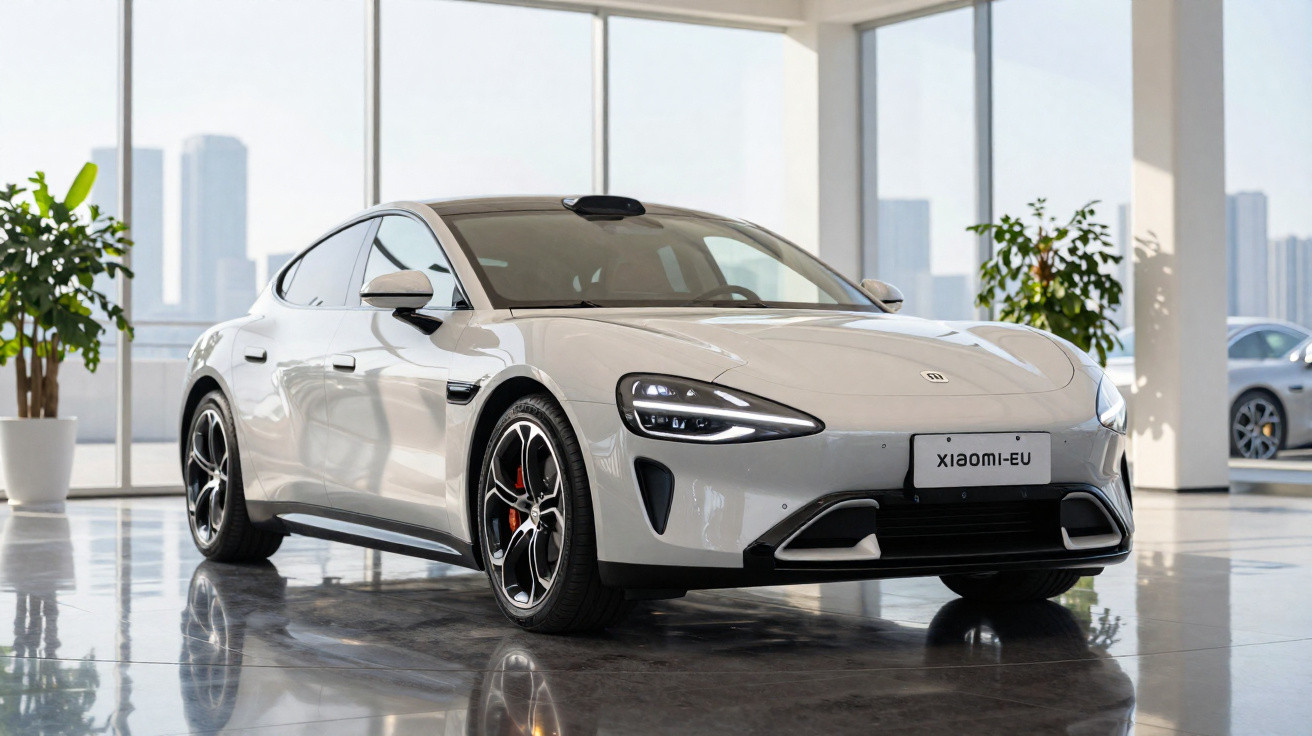 Carro elétrico branco da Xiaomi em showroom moderno com janelas grandes e plantas internas.