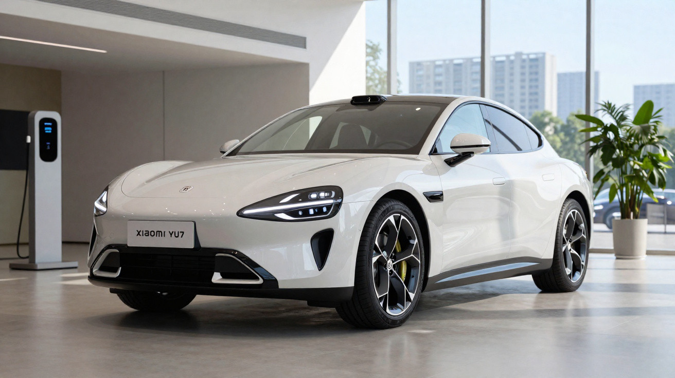 Carro elétrico branco Xiaomi YU7 estacionado em showroom moderno com carregador ao fundo.
