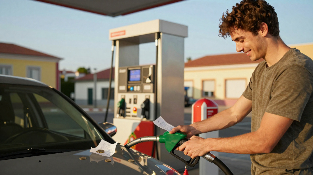 Homem sorridente abastecendo carro em posto de gasolina ao ar livre durante o dia.