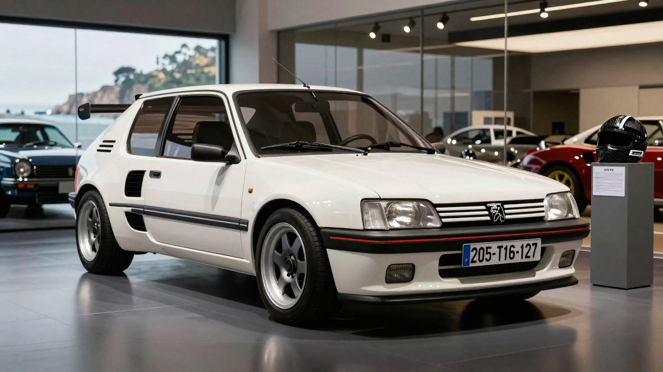 Carro esportivo branco Peugeot 205 Turbo 16 em exposição interna de museu automotivo.