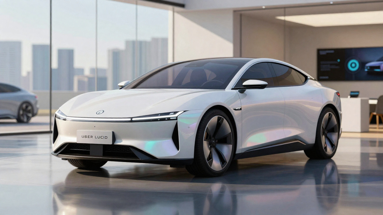 Carro elétrico branco Uber Lucid em exposição com design futurista e teto preto em ambiente moderno.
