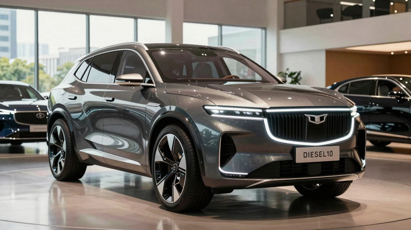 SUV cinza metálico em exposição em showroom moderno com iluminação natural e teto duplo.