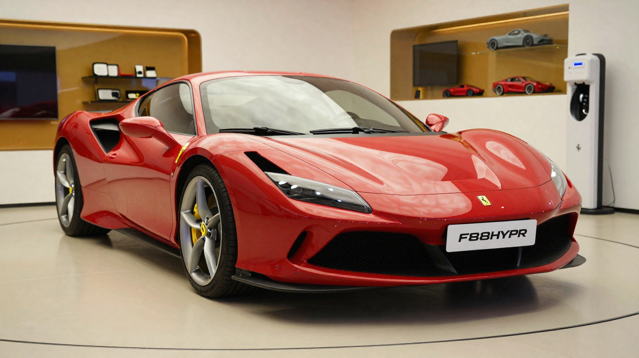 Carro esportivo vermelho da Ferrari modelo F8 HYPR em exposição interna com carregador elétrico ao fundo.
