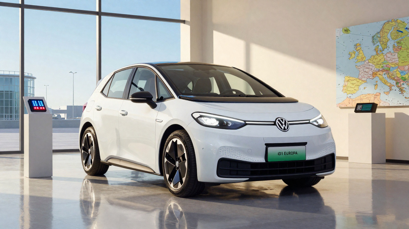 Carro elétrico branco Volkswagen ID.3 estacionado em ambiente interno moderno com mapa da Europa ao fundo.