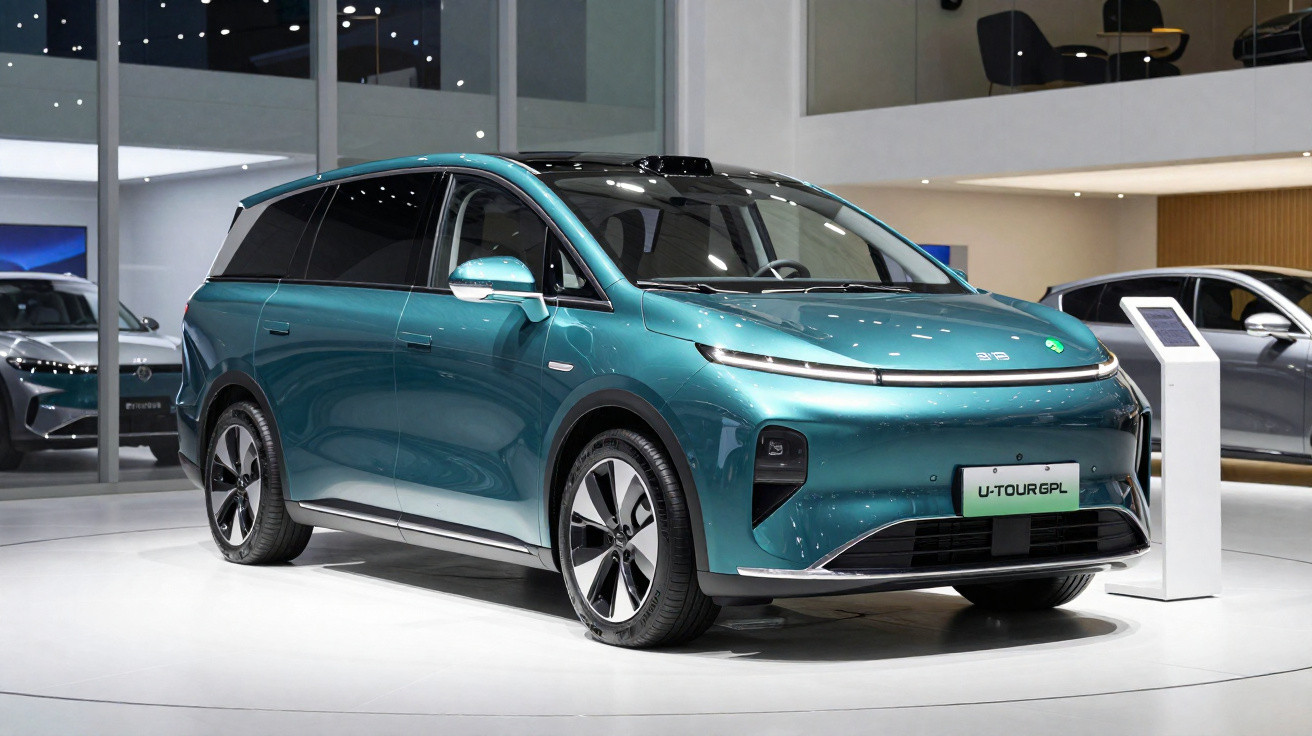 Carro elétrico SUV azul metálico modelo U-Tour GPL exibido em salão moderno e bem iluminado.