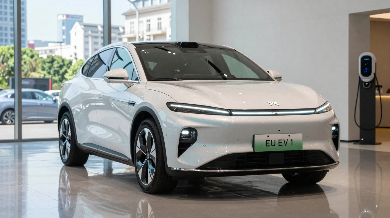Carro elétrico branco exposto em showroom moderno com carregador elétrico ao fundo.