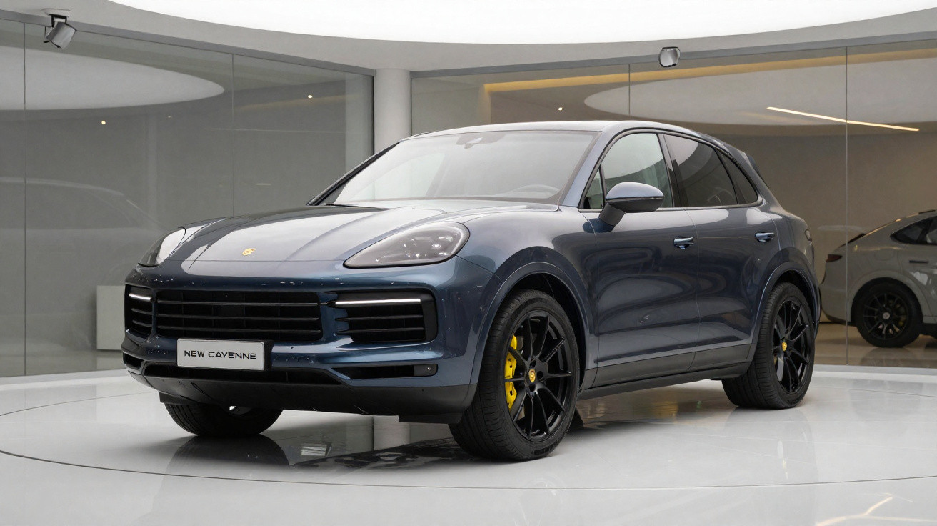 SUV Porsche Cayenne azul escuro em display interno com rodas pretas e pinças de freio amarelas.