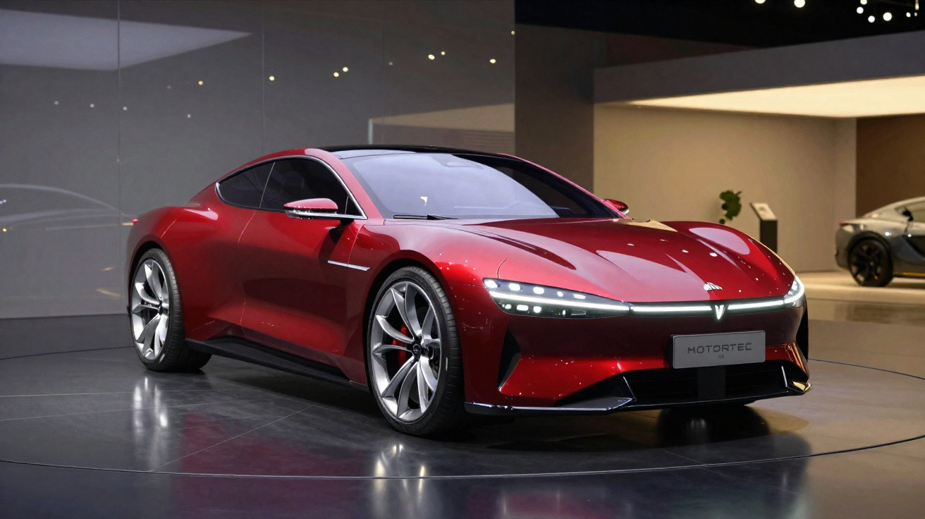 Carro esportivo elétrico vermelho brilhante em exposição com design aerodinâmico e faróis de LED modernos.
