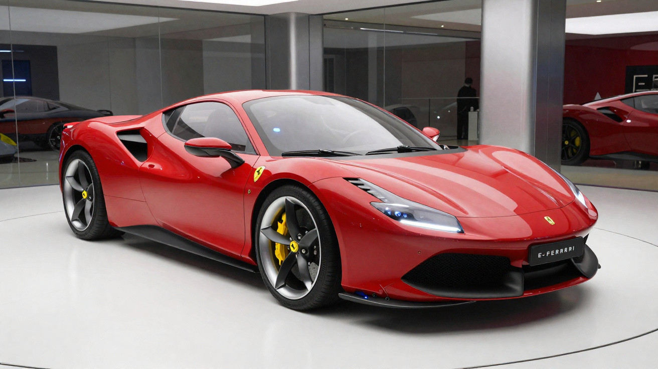 Carro esportivo Ferrari vermelho em exposição em ambiente interno com piso branco e paredes de vidro.