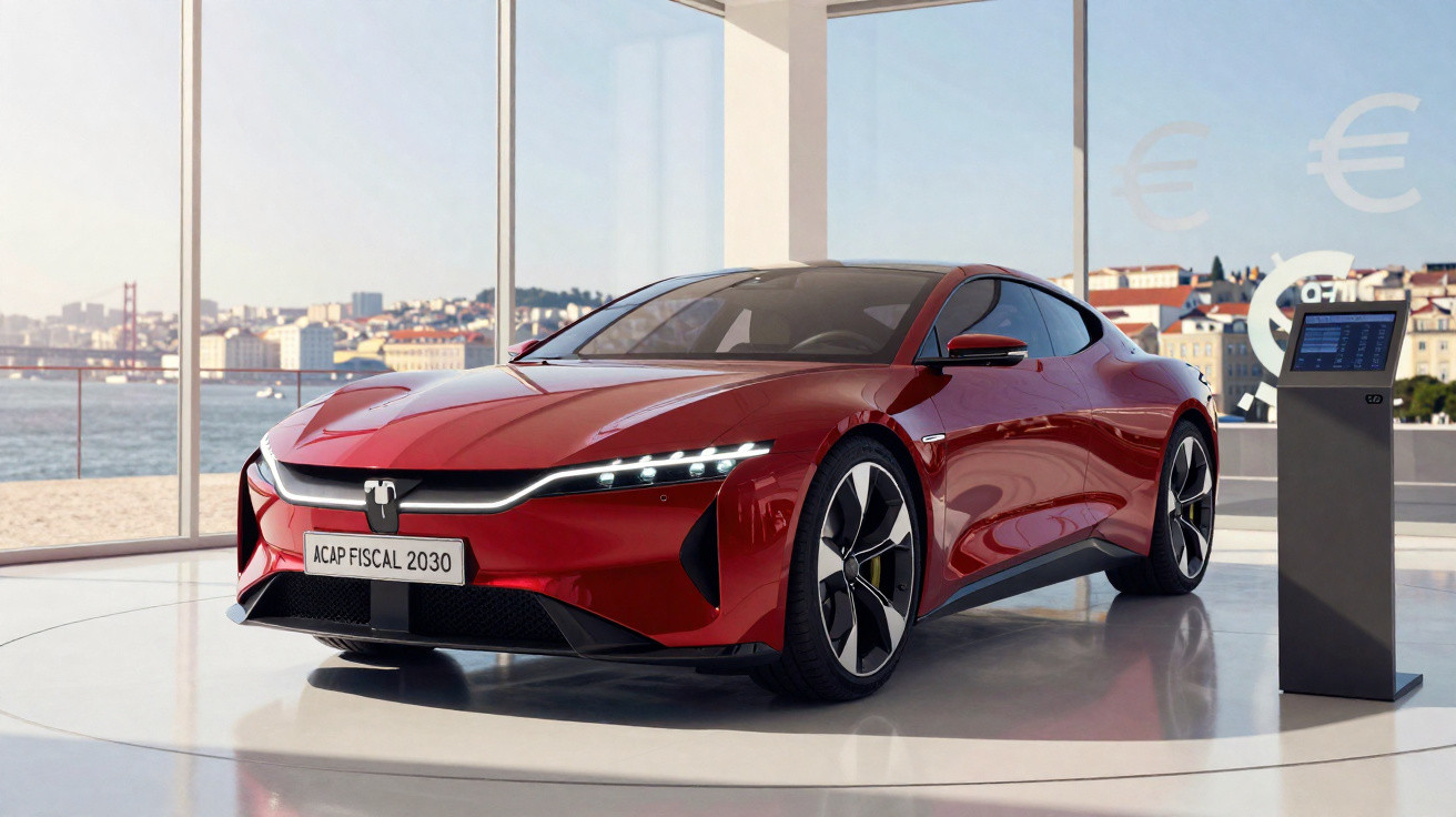 Carro esportivo vermelho futurista exposto em salão com vista para cidade e rio ao fundo.