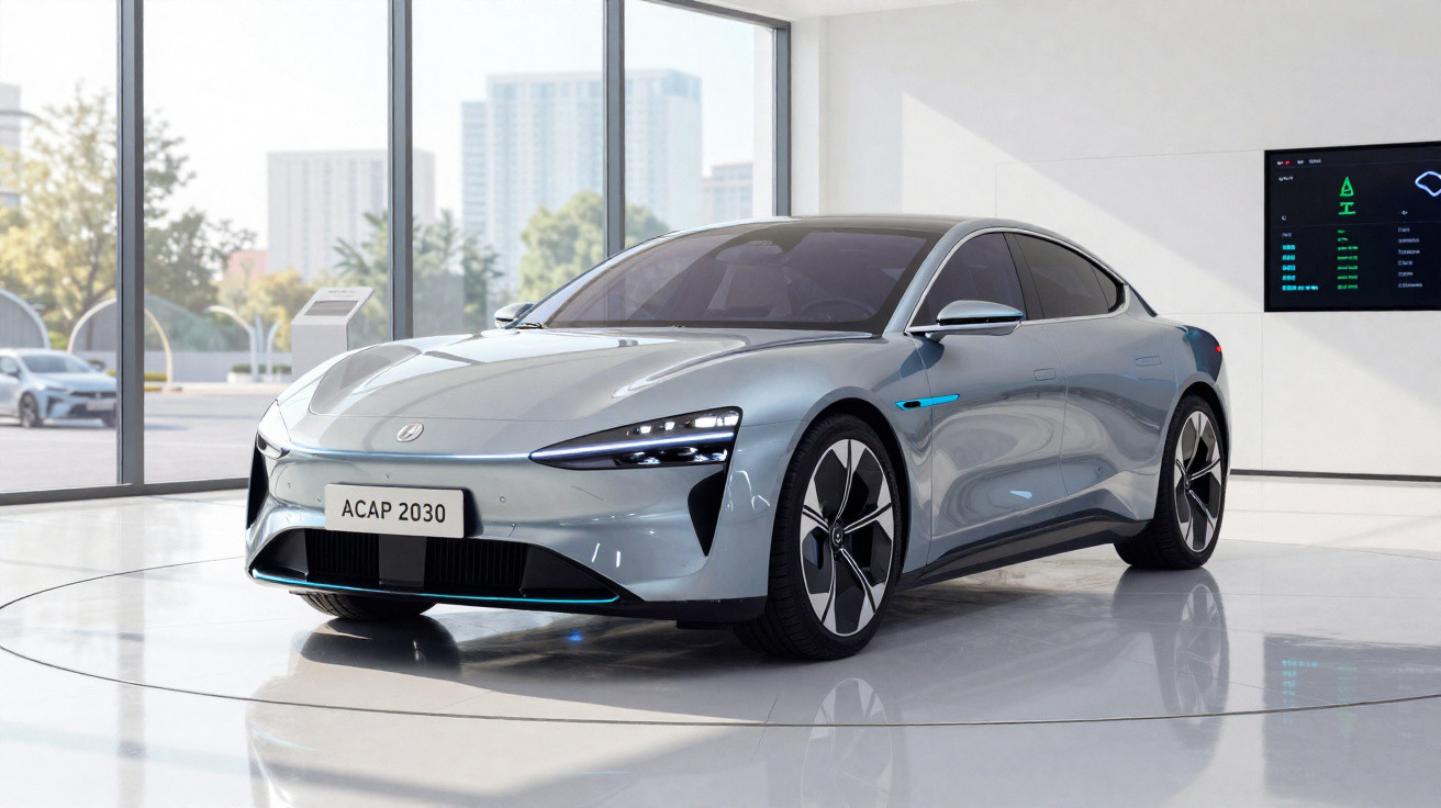 Carro elétrico prata moderno exposto em showroom com vidro e prédio ao fundo.
