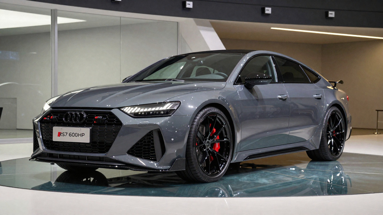 Carro esportivo Audi cinza metálico RS7 600HP exposto em plataforma circular interna.