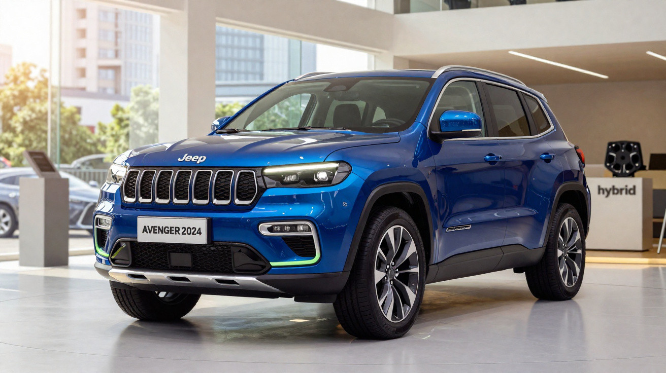 SUV Jeep Avenger 2024 azul exposto em showroom moderno com painel e rodas aro 18.