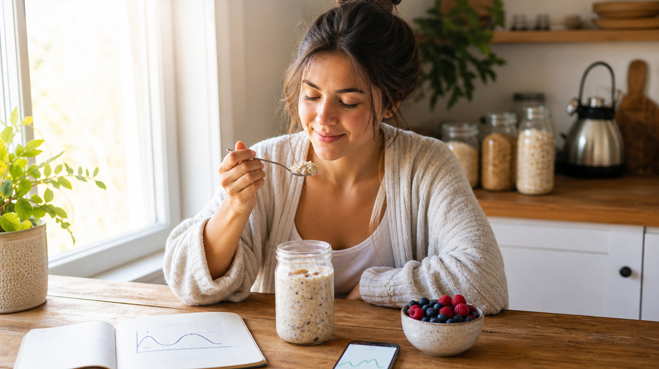 Mulher sorrindo tomando mingau de aveia em pote, com fruteira, plantas e gráficos em mesa de madeira.
