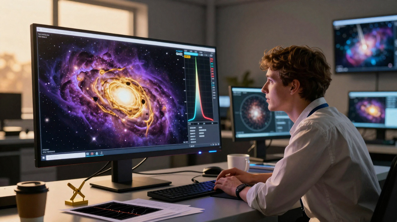 Jovem cientista observa imagem de galáxia colorida em tela de computador em escritório moderno.