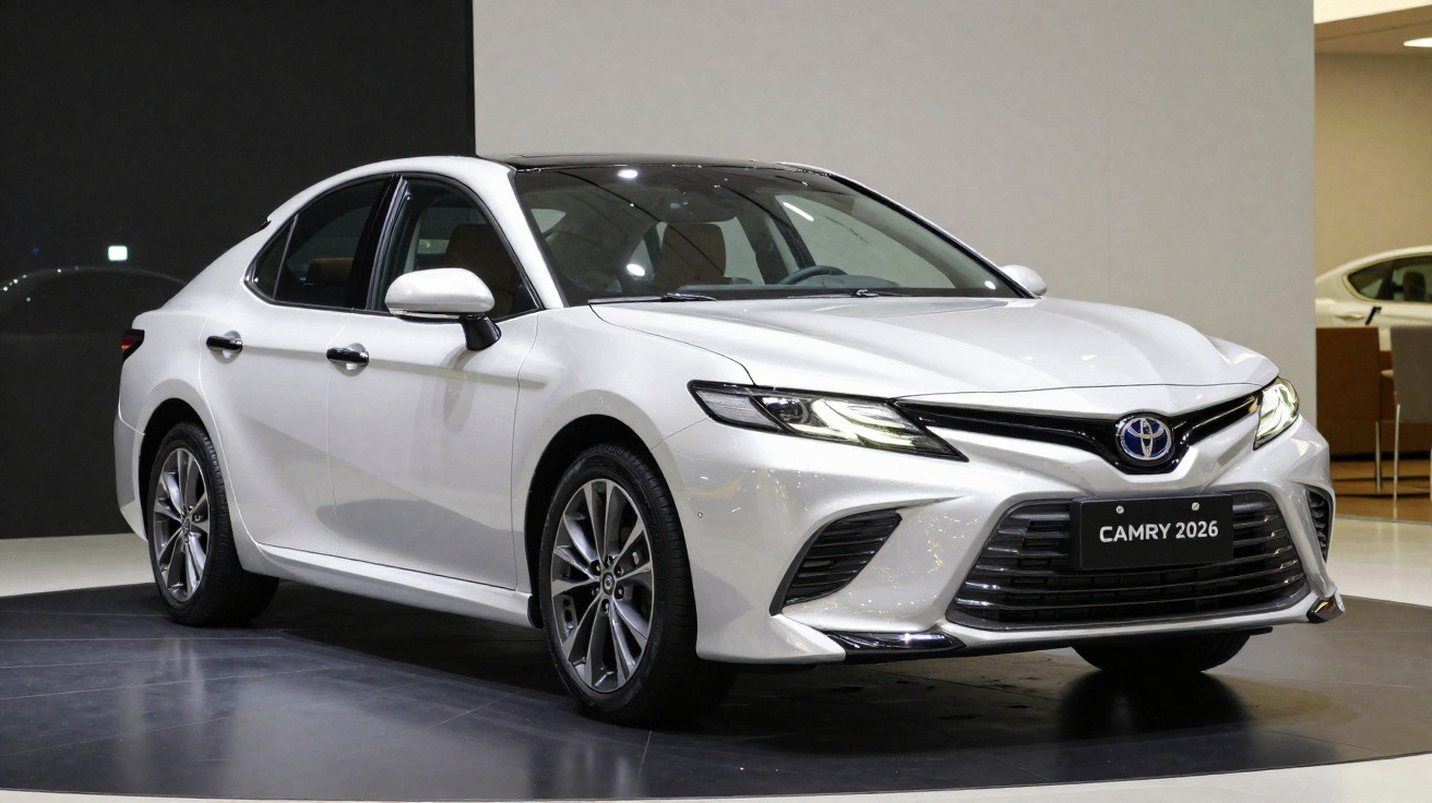 Carro sedan branco Toyota Camry 2026 exposto em ambiente interno com iluminação artificial.