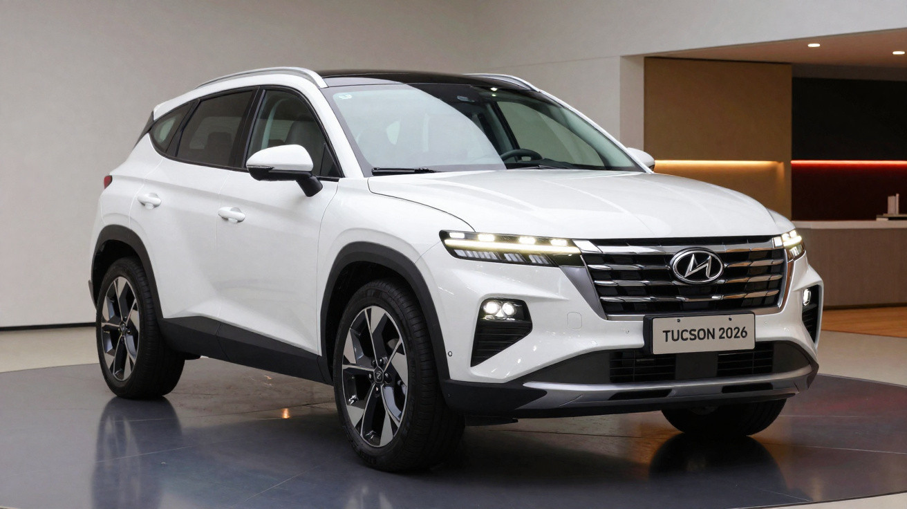 SUV Hyundai Tucson branco 2026 em ambiente interno, vista frontal e lateral direita.
