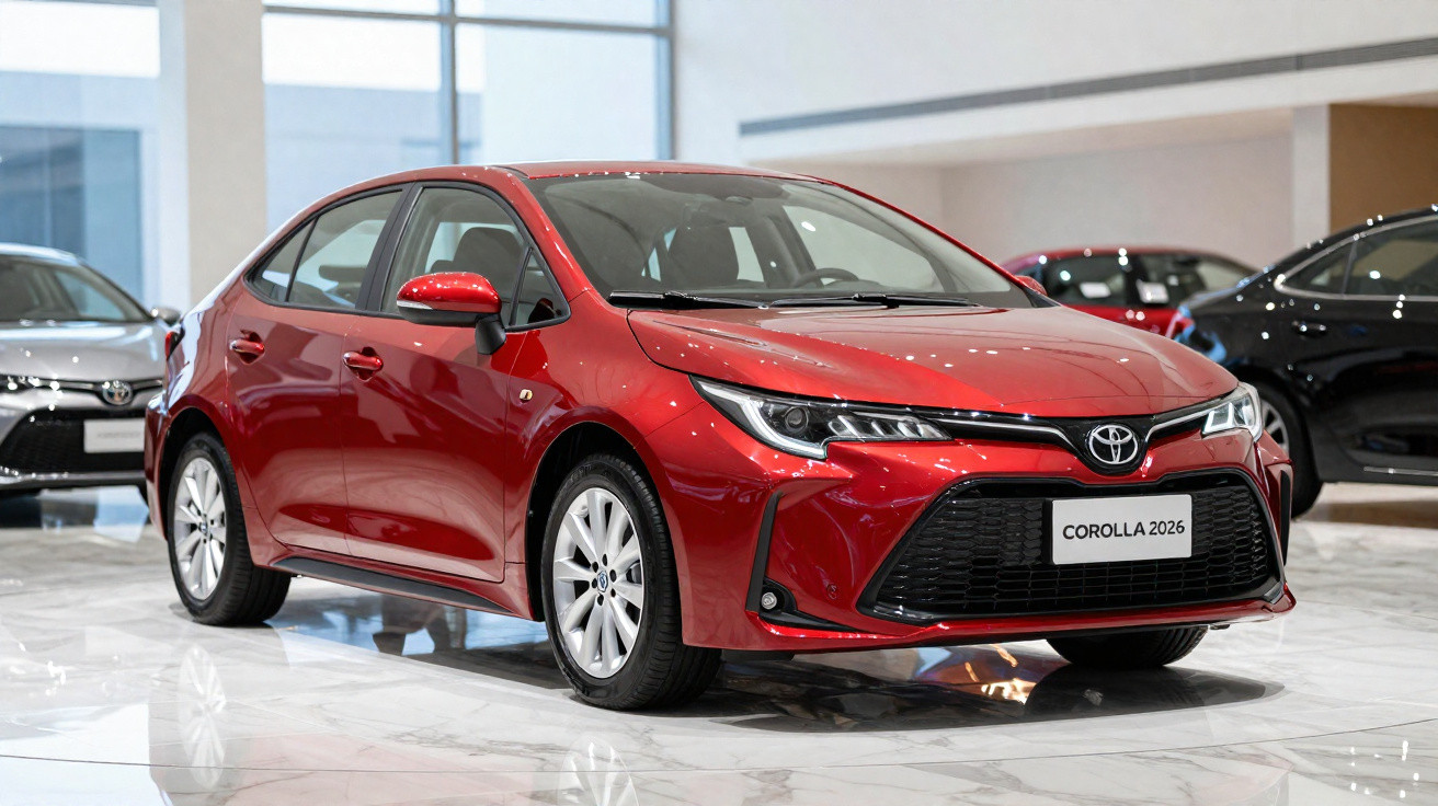 Carro Toyota Corolla vermelho modelo 2026 em exposição em salão com piso branco e outros carros ao fundo.
