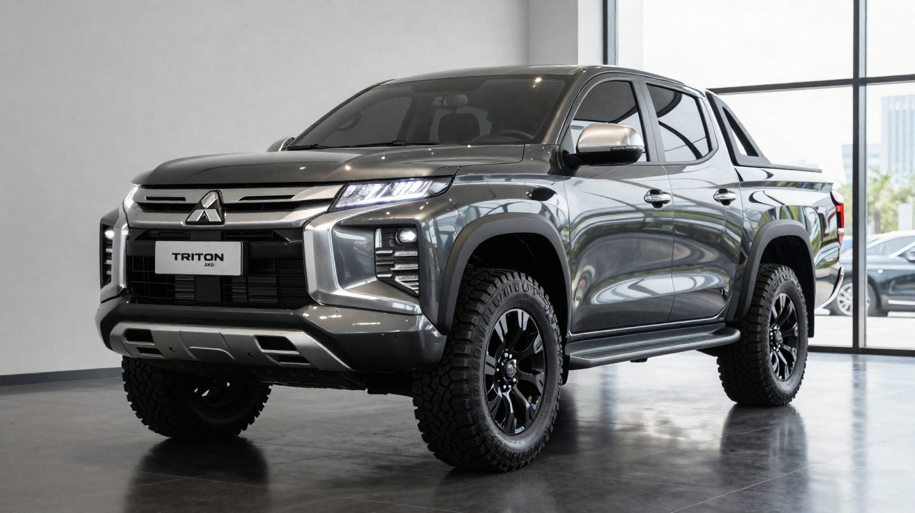 Picape Mitsubishi Triton GLS cinza exibida em ambiente interno com janelas grandes ao fundo.
