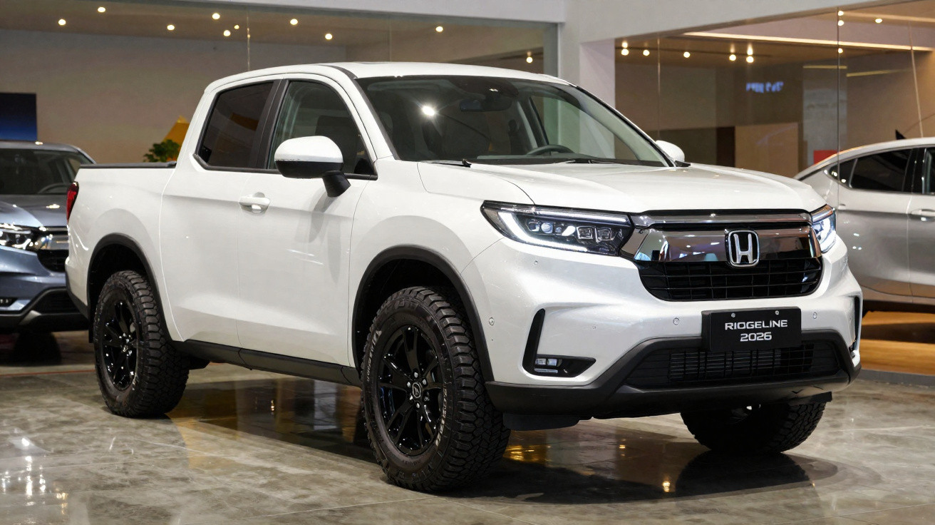 Picape branca Honda Ridgeline 2026 exibida em showroom com rodas pretas robustas.