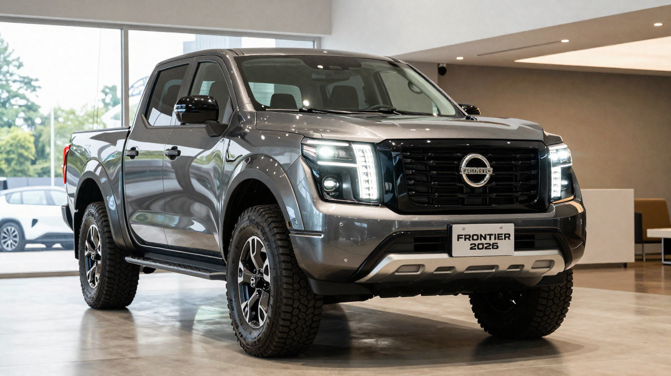 Picape Nissan Frontier 2026 cinza exibida em salão com faróis acesos e rodas robustas.