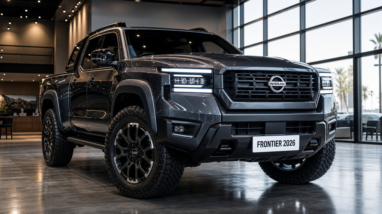 Picape Nissan Frontier 2026 preta em salão moderno com piso refletivo e grandes janelas de vidro.