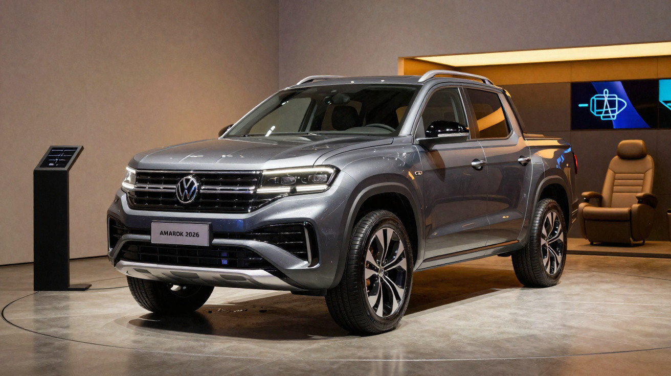 Picape Volkswagen Amarok 2026 cinza exposta em showroom moderno.