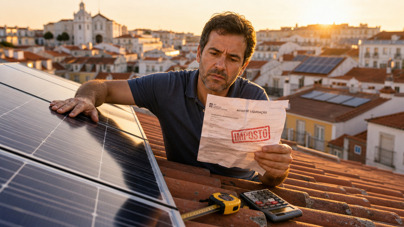 Homem em telhado com painéis solares analisando conta de imposto ao pôr do sol em área urbana.