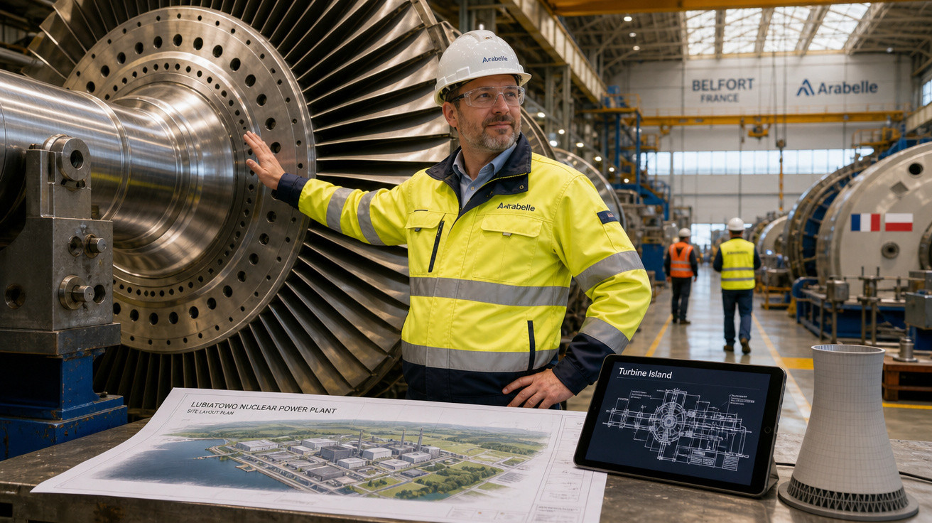 Engenheiro em jaqueta amarela e capacete observa turbina em fábrica industrial com plantas e desenhos técnicos na mesa.