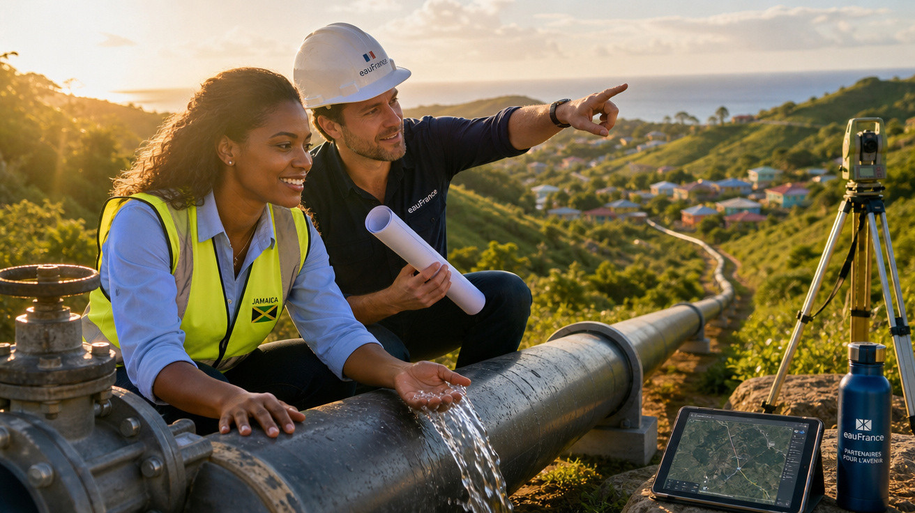 Dois engenheiros inspecionam vazamento de água em grande tubo de infraestrutura ao ar livre com vista para colinas.