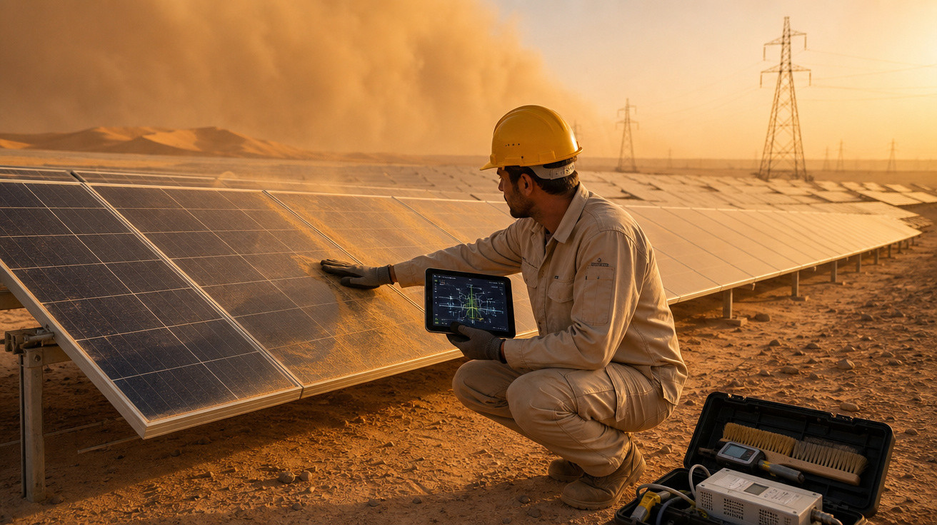 Técnico inspeciona painel solar coberto de poeira no deserto ao pôr do sol com equipamento ao lado.