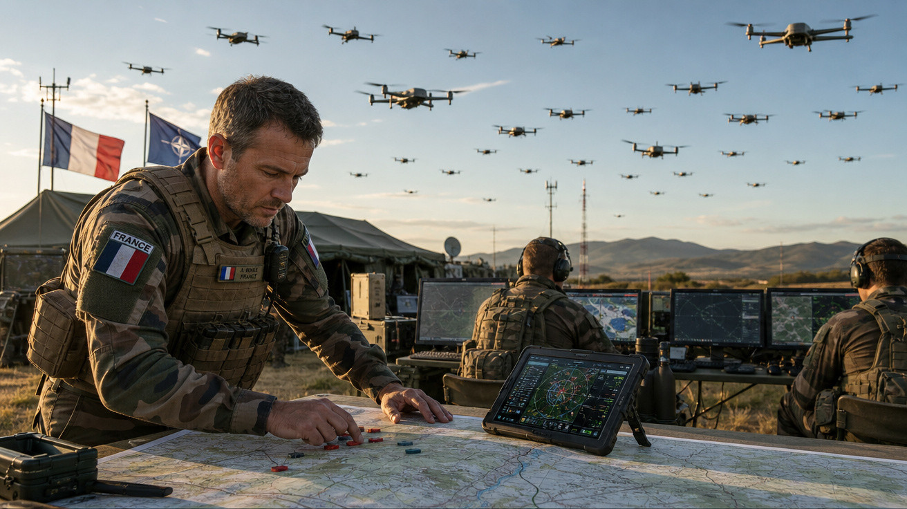 Militares franceses operam equipamentos de comando em campo aberto com frota de drones voando ao fundo.