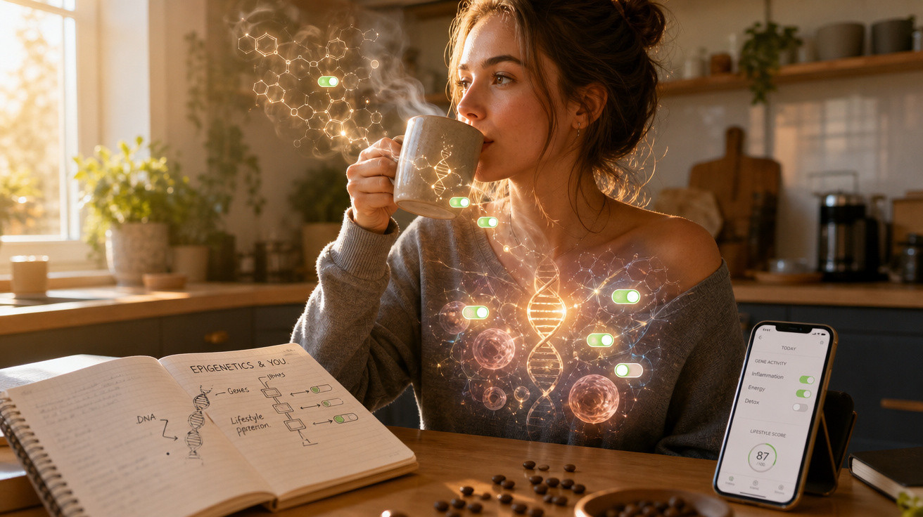 Mulher tomando café com elementos de DNA e moléculas sobrepostos em ambiente de estudo.