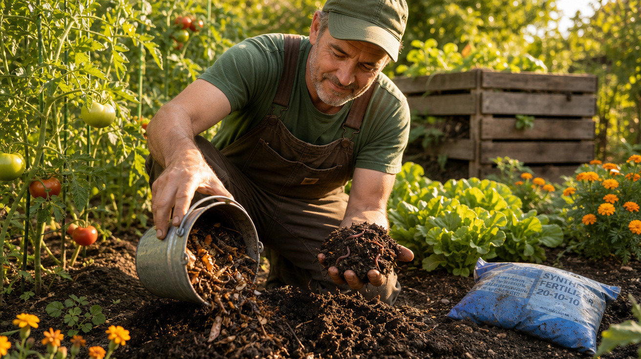 Homem com boné adiciona composto orgânico em canteiro de horta com tomates e flores ao fundo.
