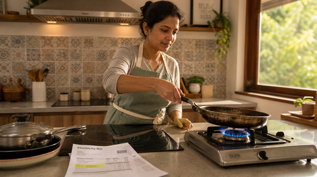 Mulher cozinhando em fogão a gás na cozinha, com conta de luz na bancada ao lado.