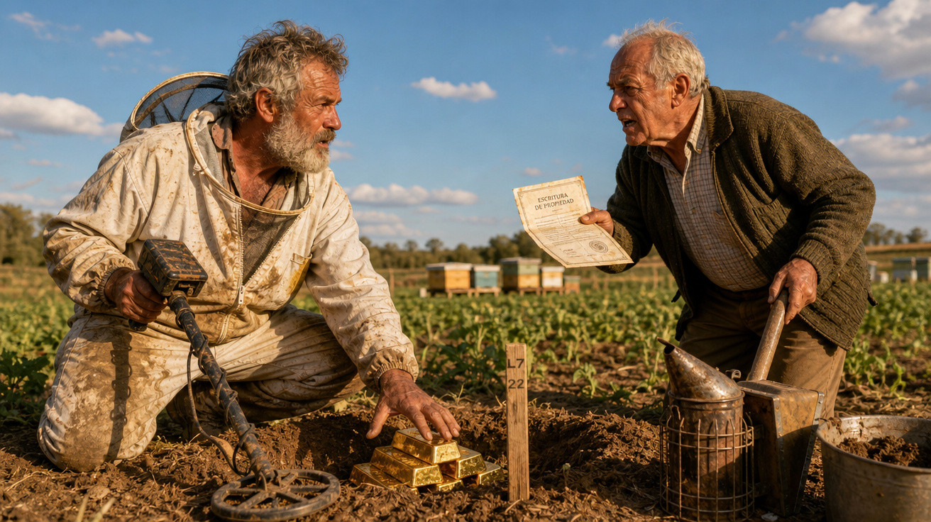 Dois homens idosos discutem em plantação com barras de ouro e documento de propriedade na terra.