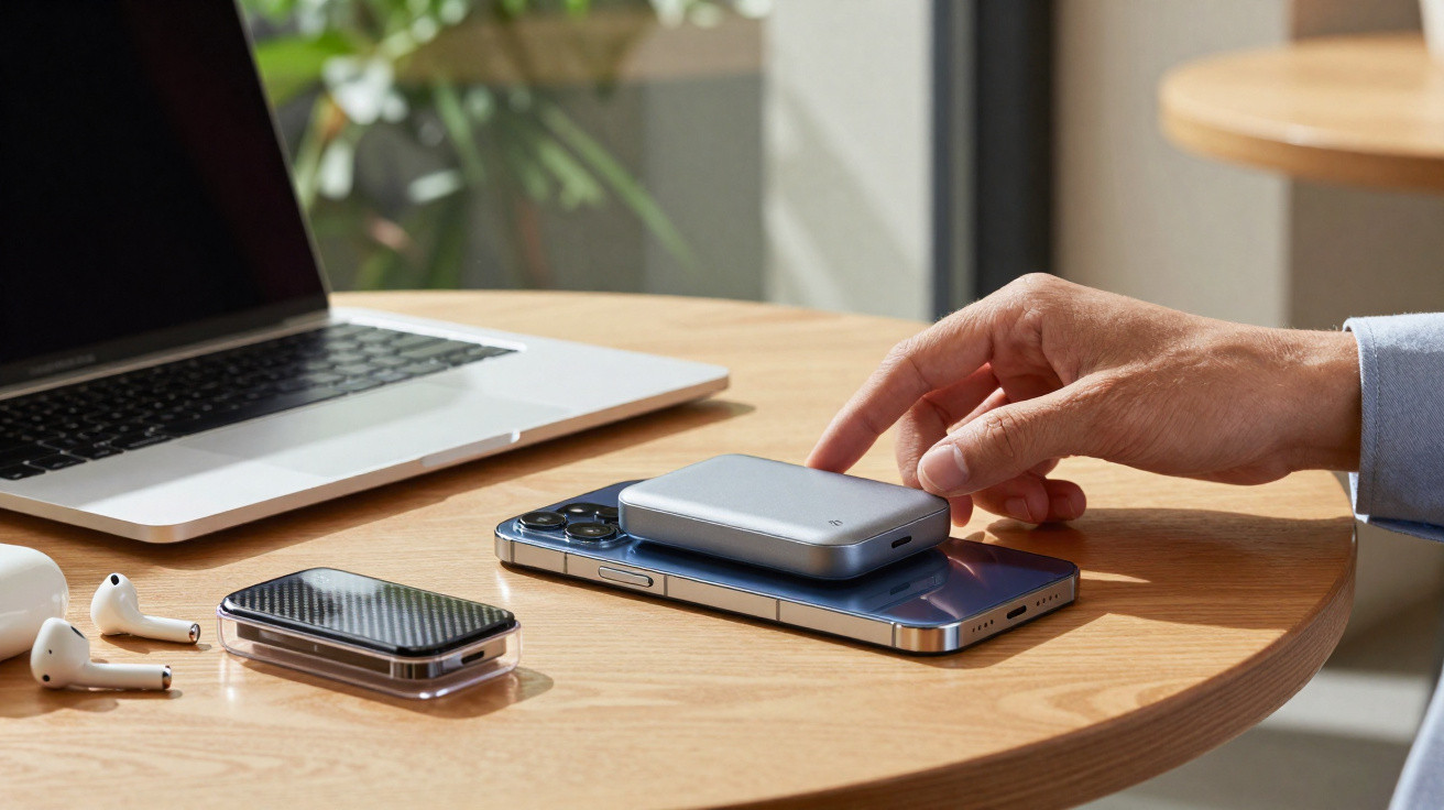 Mão apoiando carregador portátil sobre celular em mesa com laptop e fones de ouvido sem fio.