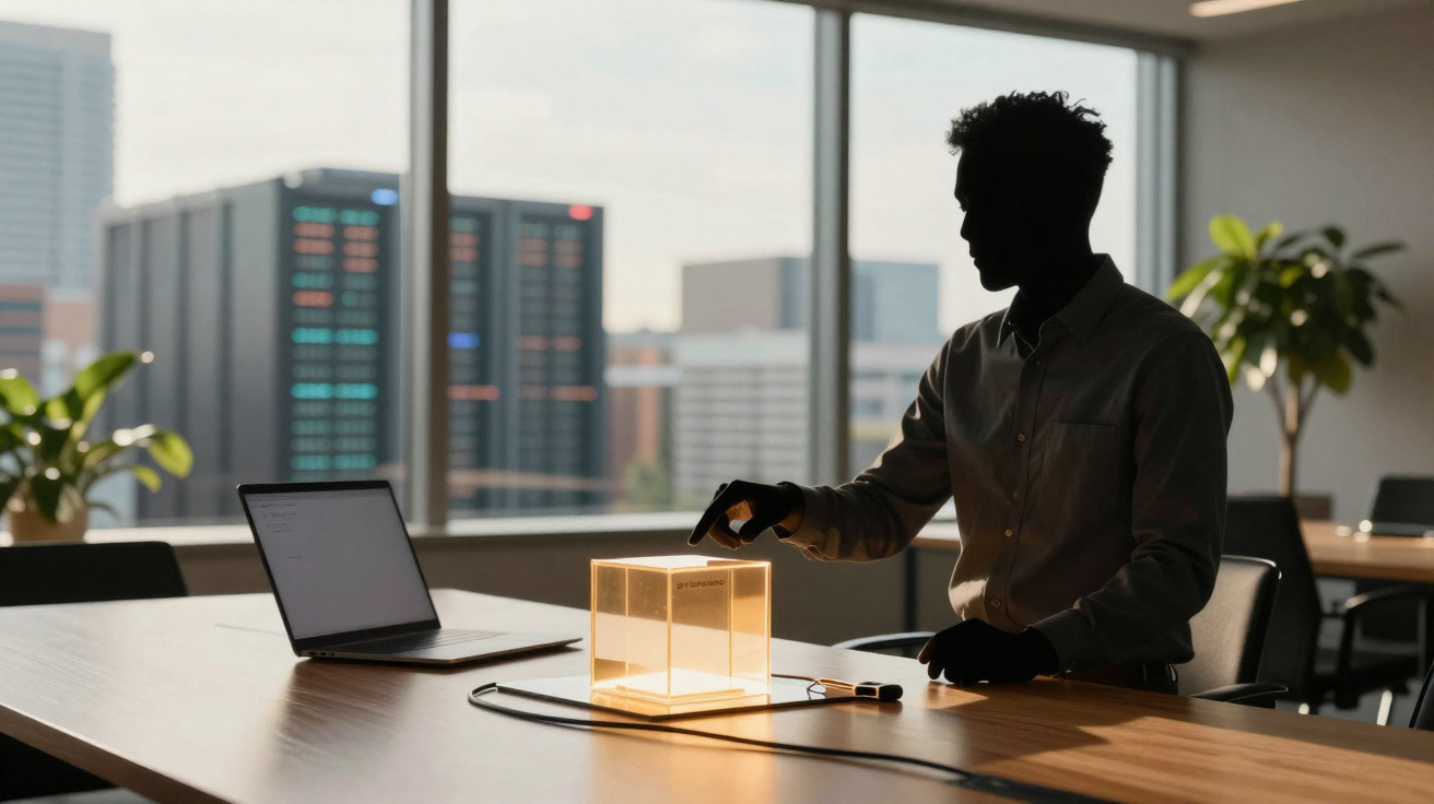 Homem trabalhando em escritório com laptop e cubo iluminado sobre mesa perto da janela.