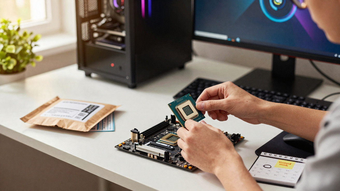 Pessoa instalando processador em placa-mãe para montagem de computador em mesa branca.
