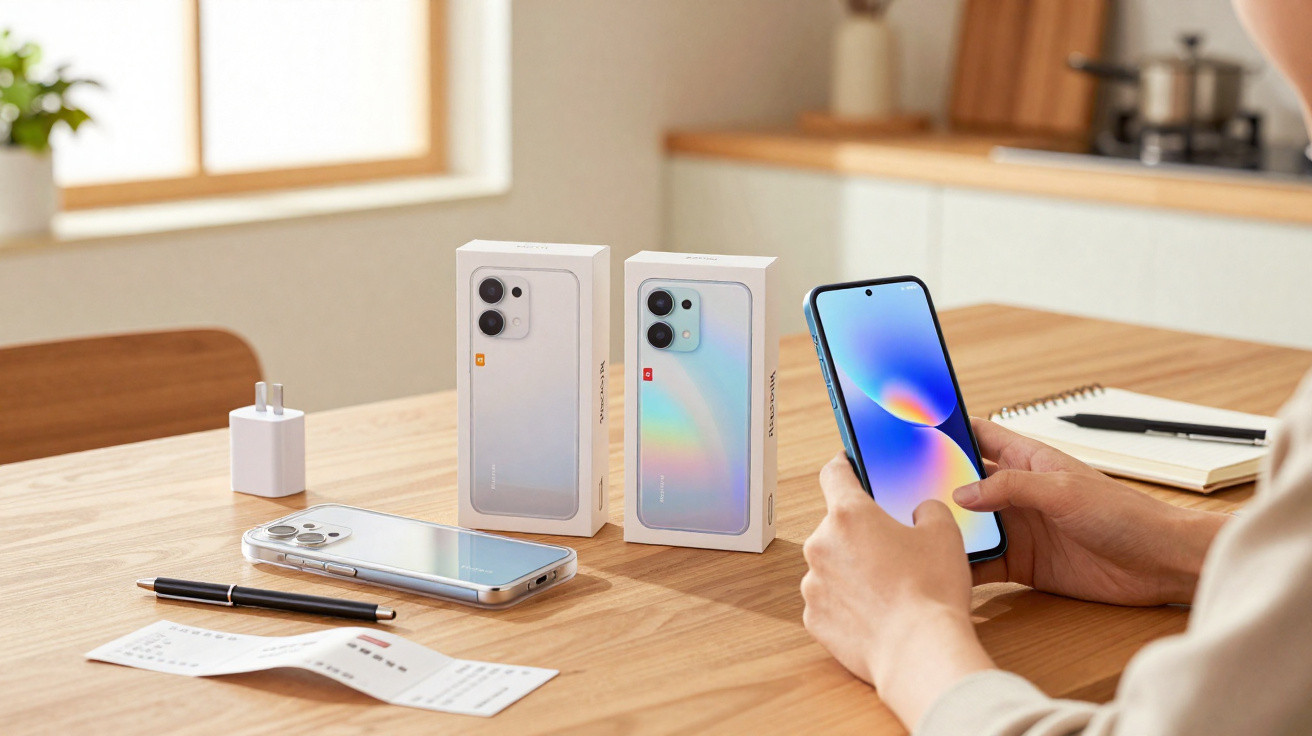 Pessoa segurando smartphone azul, com dois celulares e caixas sobre mesa de madeira em ambiente claro.