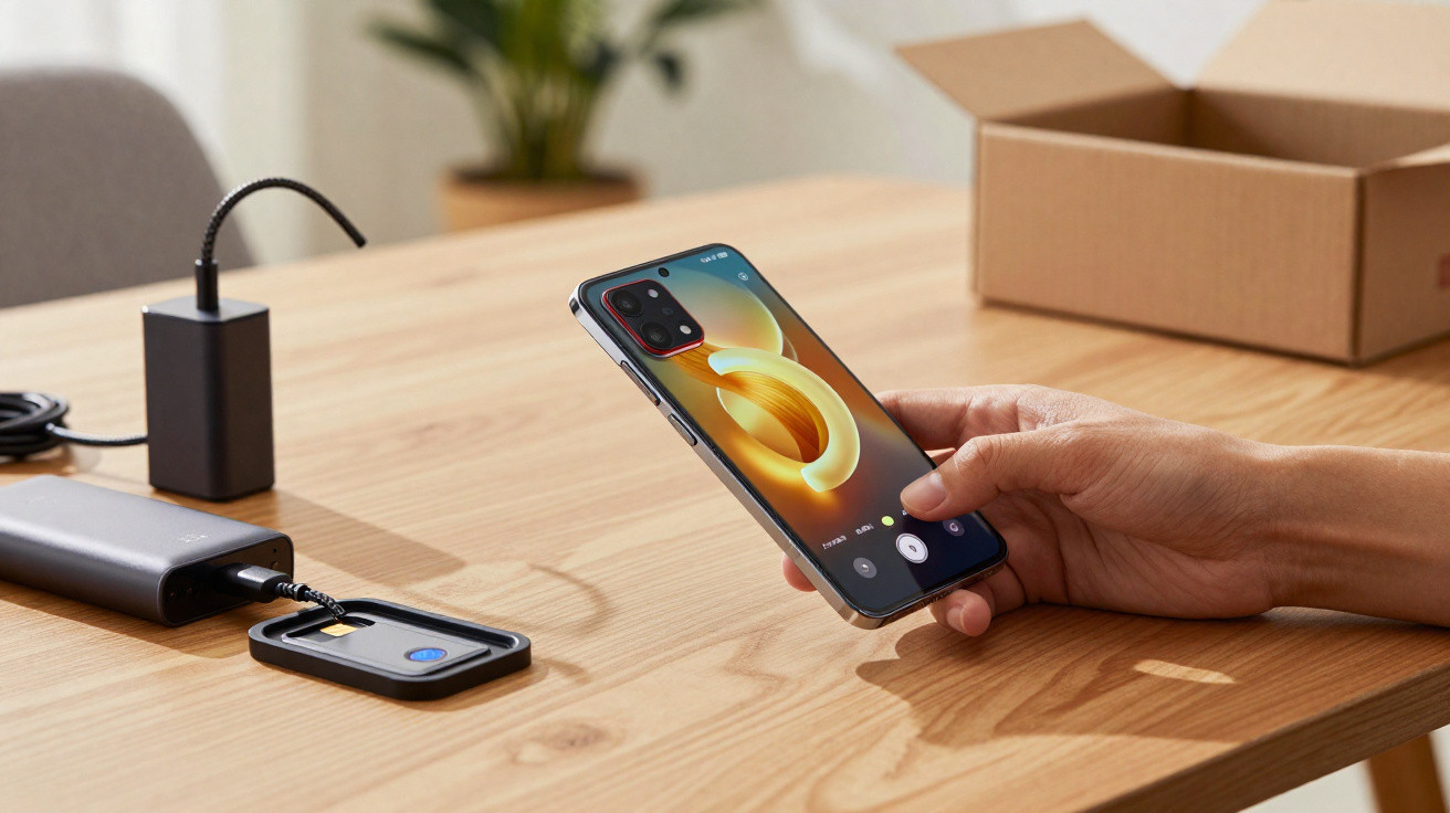 Pessoa segurando smartphone moderno sobre mesa de madeira com câmera destacada e carregador próximo.