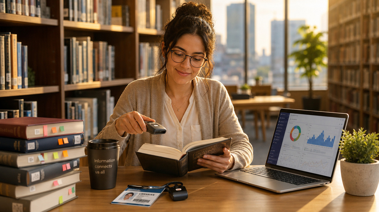 Mulher em biblioteca usando leitor de código de barras para registrar livro, com laptop e crachá na mesa.