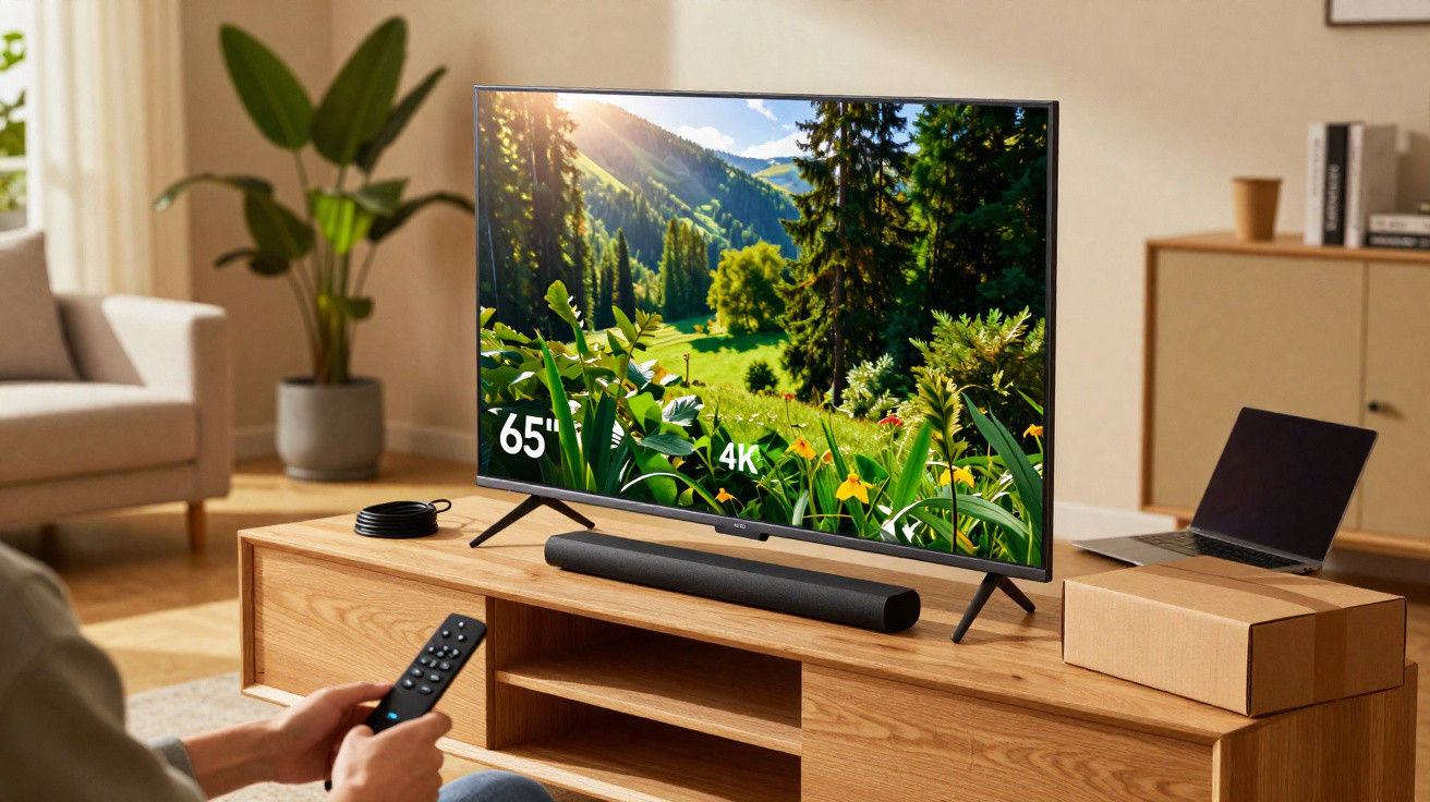 Pessoa segurando controle remoto assistindo TV 65” 4K em sala com móveis de madeira e planta.