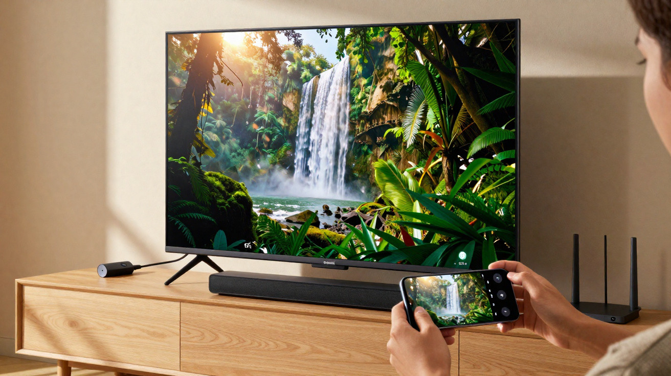 Pessoa capturando imagem de cachoeira tropical na tela da TV usando smartphone em sala iluminada.