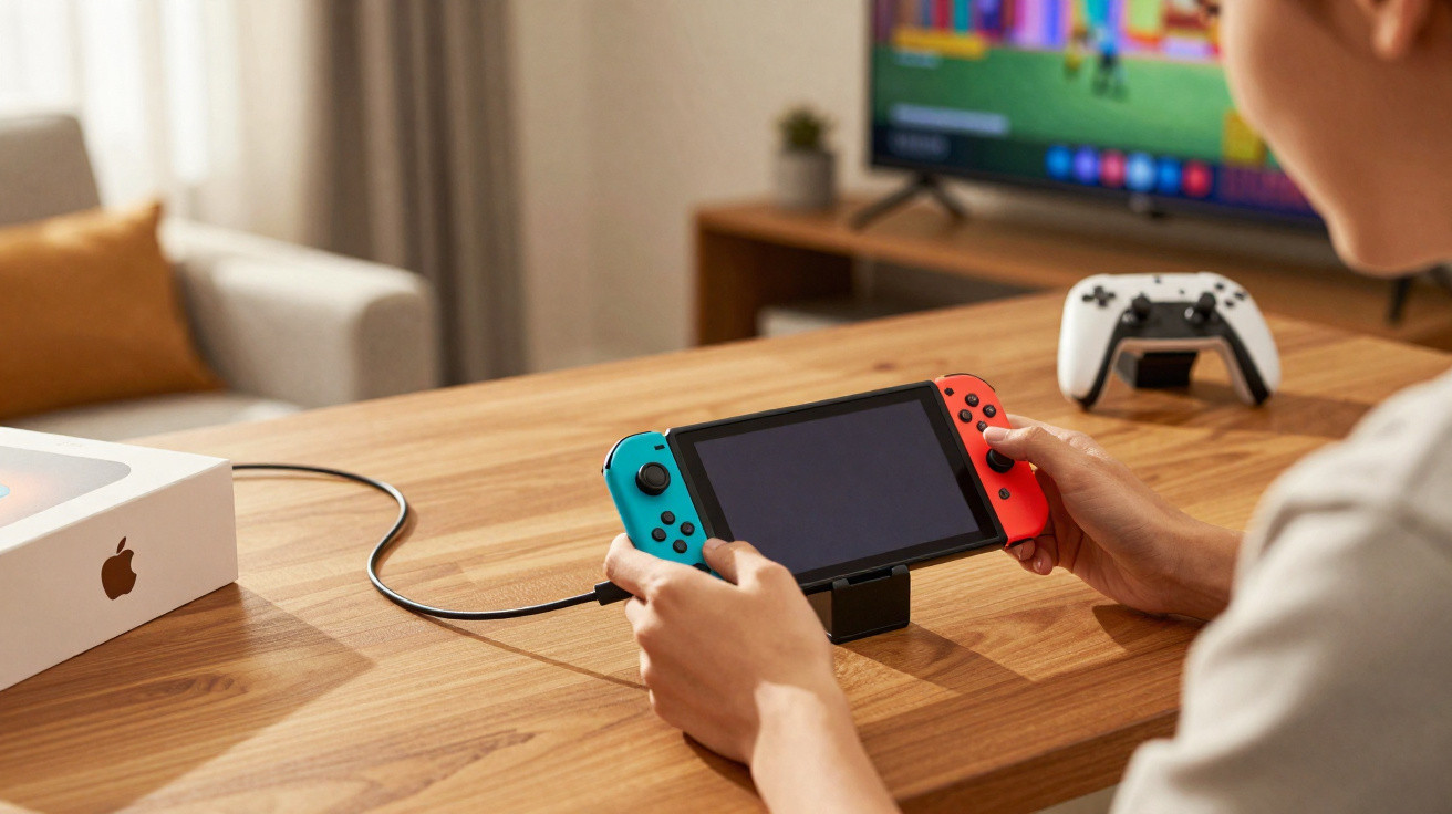 Pessoa segurando console Nintendo Switch com tela apagada sobre mesa de madeira, com controle branco e TV ao fundo.